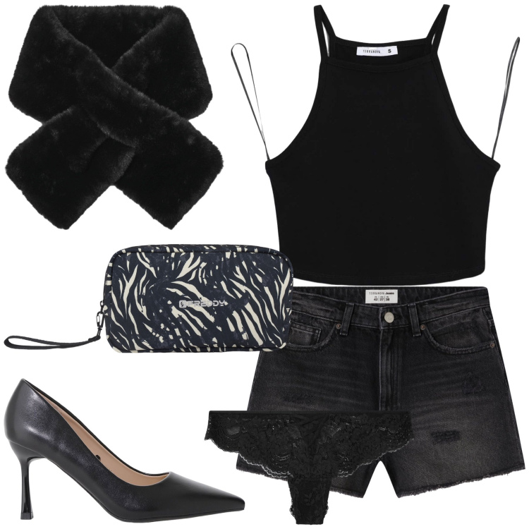 Outfit donna - Sexy night. Stile Sexy per Serata fuori. Abbinamento con sciarpe, shorts, culotte, top, décolleté, valigie.