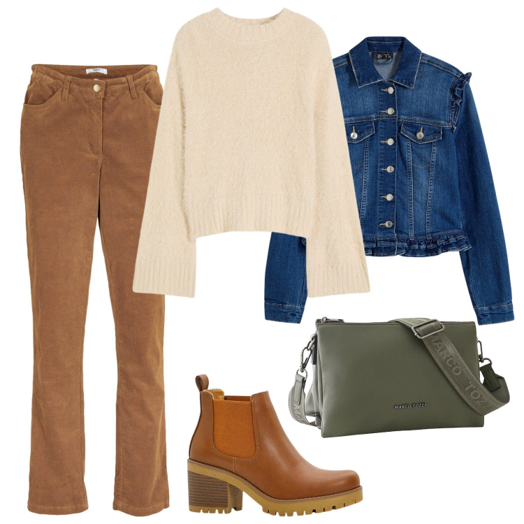 Outfit donna - Bonprix- i nuovi must have autunnali. Stile Casual chic per Tutti i giorni. Abbinamento con maglieria, pantaloni, borse a tracolla, stivaletti chelsea, blazer.