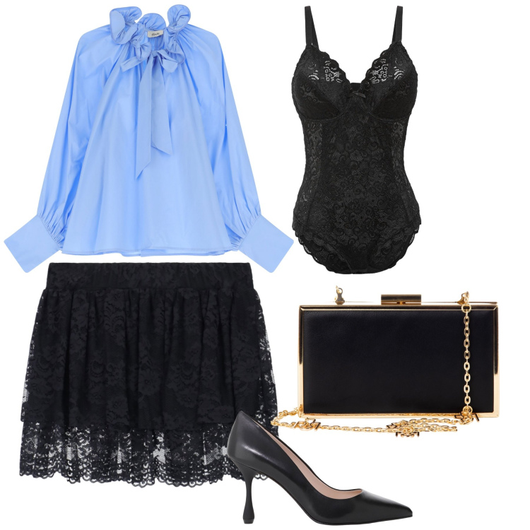 Outfit donna - Pizzo e fiocchi. Stile Glamour per Serata fuori. Abbinamento con body, pochette, camicie, décolleté, minigonne.