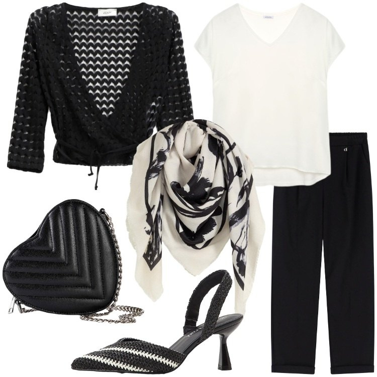 Outfit donna - Serate di fine estate. Stile Romantica per Serata fuori. Abbinamento con foulard, borse a tracolla, décolleté, top, pantaloni, bluse.