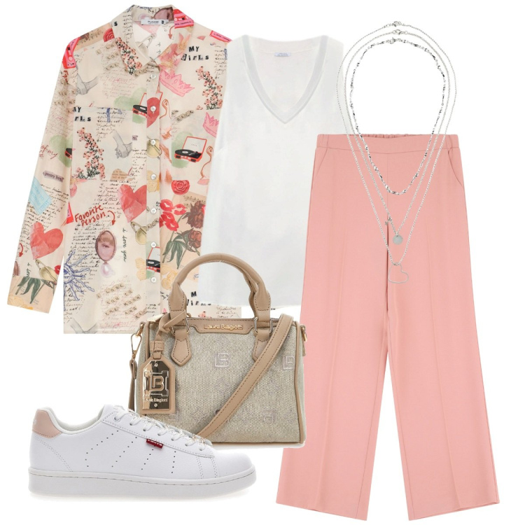 Outfit donna - Vado in ferie a settembre. Stile Casual chic per Tutti i giorni. Abbinamento con collane, camicie, pantaloni, top, sneakers, borse a tracolla.
