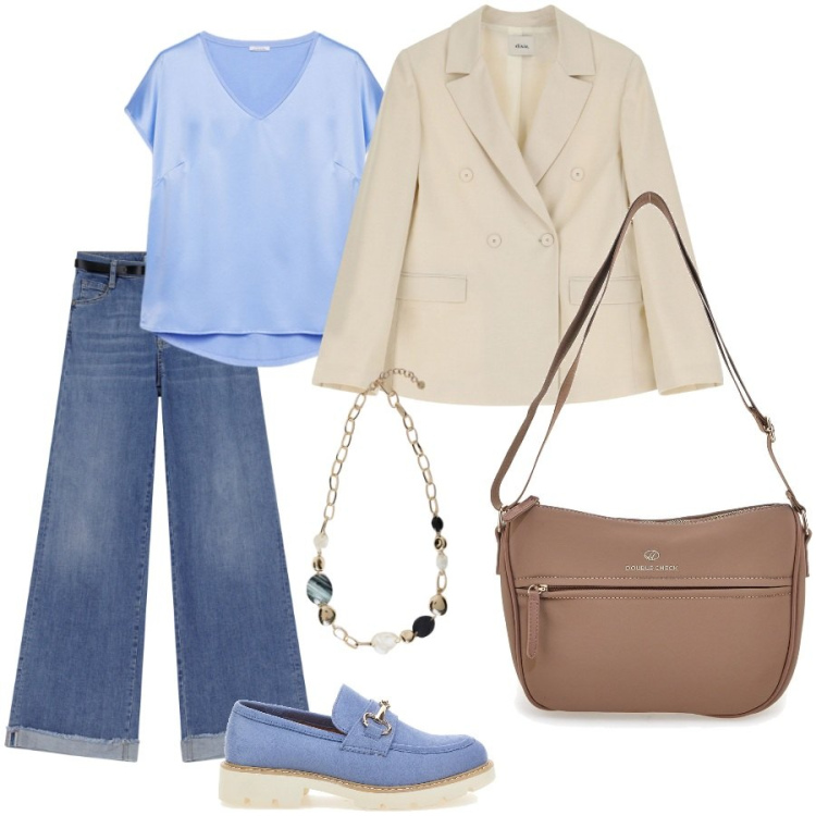 Outfit donna - L\'indispensabile blazer. Stile Casual chic per Ufficio. Abbinamento con jeans, blazer, t-shirt, mocassini, borse a tracolla, collane.