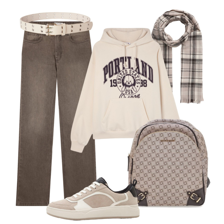 Outfit donna - Back to school - @clorindamanna. Stile Casual per Scuola/Università. Abbinamento con sneakers, cinture, felpe con cappuccio, jeans bootcut, sciarpe, zaini.