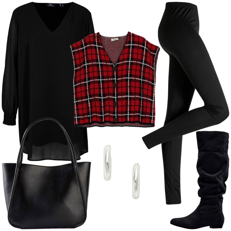 Outfit donna - Gilet tartan. Stile Casual per Scuola/Università. Abbinamento con stivali, leggings, tuniche, shopping bag, gilet, orecchini.