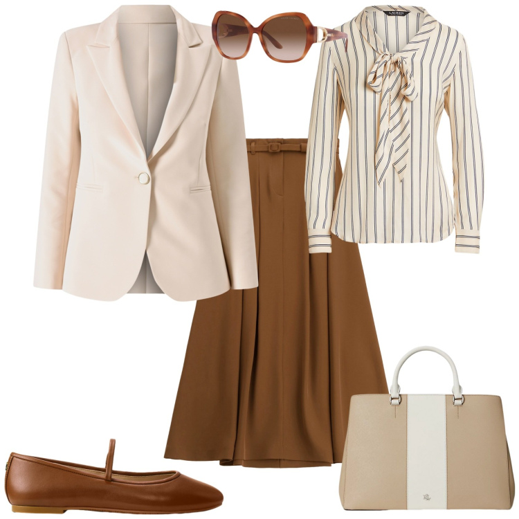 Outfit donna - Ogni giorno con stile. Stile Minimal per Tutti i giorni. Abbinamento con blazer, gonne lunghe, camicie, occhiali da sole, borse a mano, ballerine.