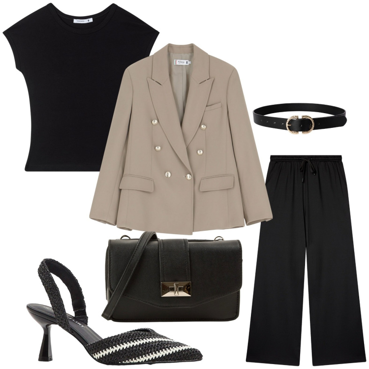 Outfit donna - Serata glamour. Stile Glamour per Serata fuori. Abbinamento con décolleté, t-shirt, borse a tracolla, cinture, pantaloni, blazer.
