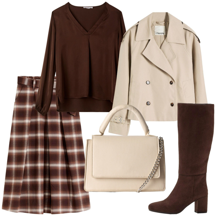 Outfit donna - La gonna midi. Stile Vintage retrò per Tutti i giorni. Abbinamento con trench, stivali, gonne, bluse, borse a tracolla.