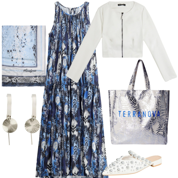 Outfit donna - Vado in ferie a settembre. Stile Romantica per Tutti i giorni. Abbinamento con orecchini, ballerine, borse tote, vestiti lunghi, giacche, foulard.