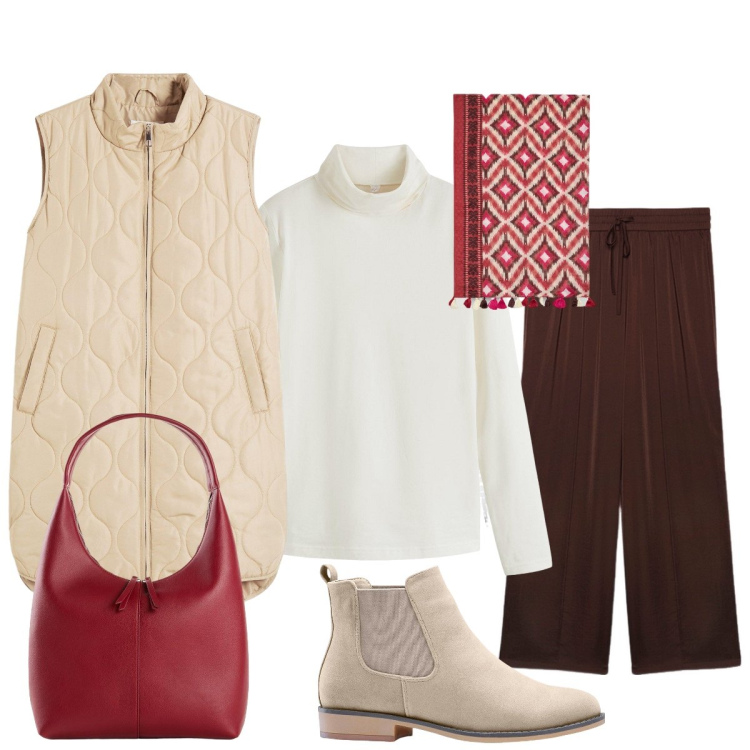 Outfit donna - Minimal chic: Bonprix e Fiorella Rubino. Stile Chic per Tutti i giorni. Abbinamento con stivaletti chelsea, maglieria, shopping bag, gilet, sciarpe, pantaloni a palazzo.