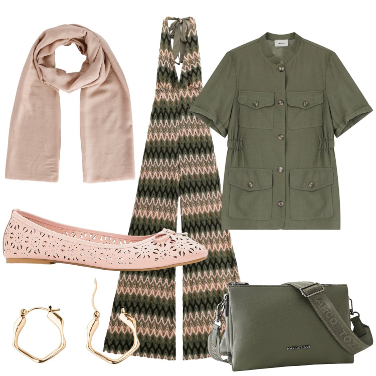 Outfit donna - La tuta millerighe. Stile Minimal per Tutti i giorni. Abbinamento con ballerine, borse a tracolla, orecchini, foulard, vestiti lunghi, gilet.