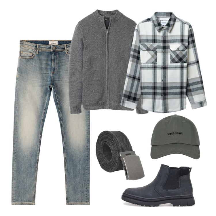 Outfit uomo - Pomeriggio in campagna!. Stile Casual per Tutti i giorni. Abbinamento con cardigans, cinture, jeans skinny, cappotti, cappelli con visiera, stivali e stivaletti.