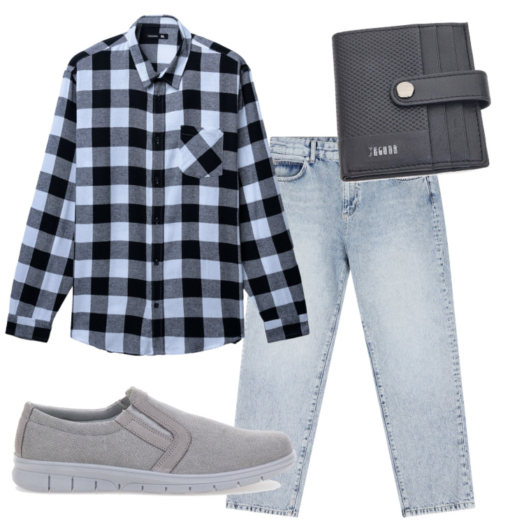 Outfit uomo - Country chic con camicia a quadri. Stile Trendy per Tutti i giorni. Abbinamento con camicie, jeans dritti, portafogli, sneakers.