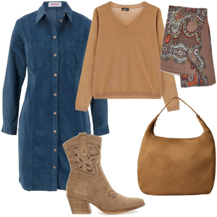 Outfit donna - Vestito color petrolio. Stile Casual per Tutti i giorni. Abbinamento con vestiti, borse a mano, pullovers, stivaletti texani, foulard.