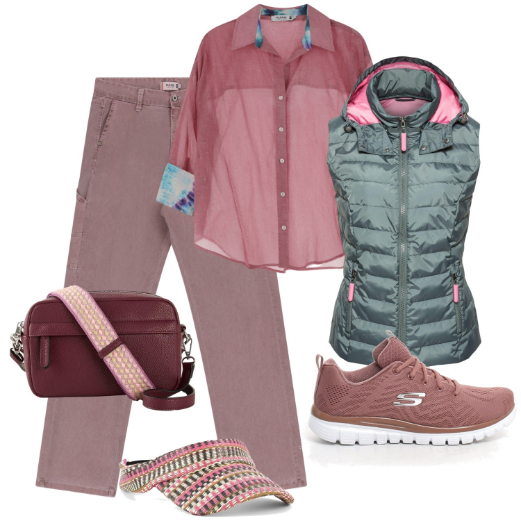Outfit donna - Ferie in montagna - @valery582. Stile Casual per Tutti i giorni. Abbinamento con gilet, borse a tracolla, jeans dritti, camicie, sneakers, cappelli con visiera.