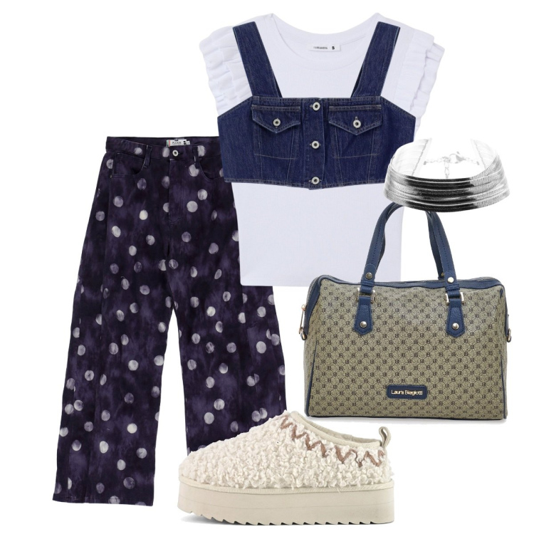 Outfit donna - Vacanze settembrine, controcorrente. Stile Urban per Tutti i giorni. Abbinamento con t-shirt, pantaloni, top, braccialetti, sabot, borse a spalla.