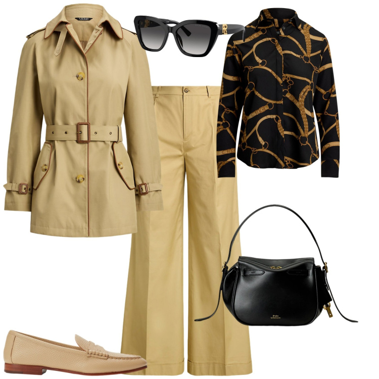 Outfit donna - Total look #2239819. Stile Minimal per Tutti i giorni. Abbinamento con trench, occhiali da sole, borse a mano, mocassini, pantaloni, camicie.