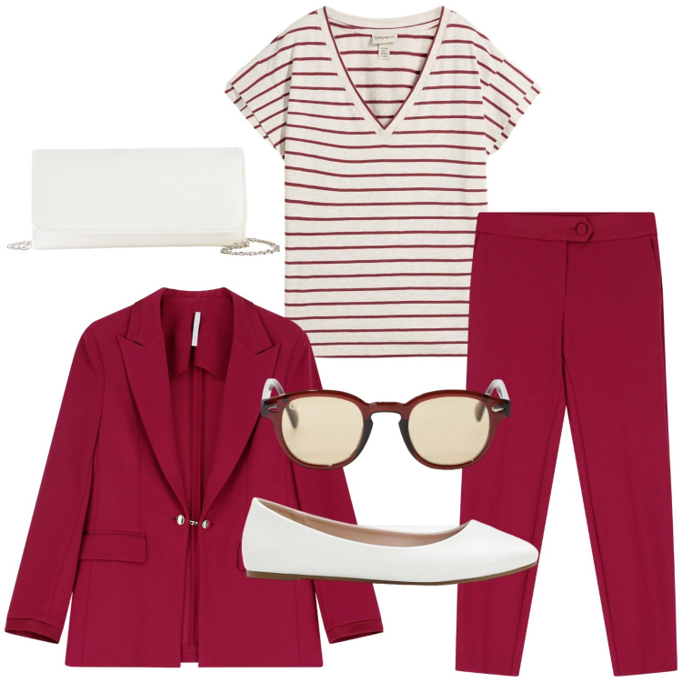 Outfit donna - Tempo di righe. Stile Minimal per Tutti i giorni. Abbinamento con ballerine, pochette, maglieria, occhiali da sole, blazer, pantaloni.