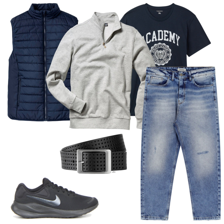 Outfit uomo - Strati con gilet trapuntato. Stile Casual per Tutti i giorni. Abbinamento con felpe, gilet, cinture, t-shirt sportive, jeans, sneakers.