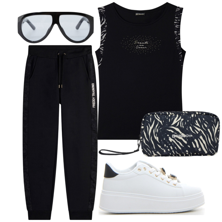 Outfit donna - Il mio outfit Freddy. Stile Sporty chic per Sport. Abbinamento con occhiali da sole, pantaloni, t-shirt, valigie, sneakers.