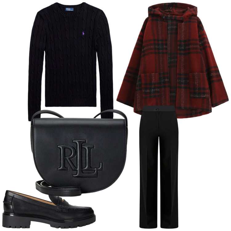 Outfit donna - Con la mantella. Stile Trendy per Tutti i giorni. Abbinamento con pantaloni a palazzo, caban, borse a tracolla, maglieria, mocassini.