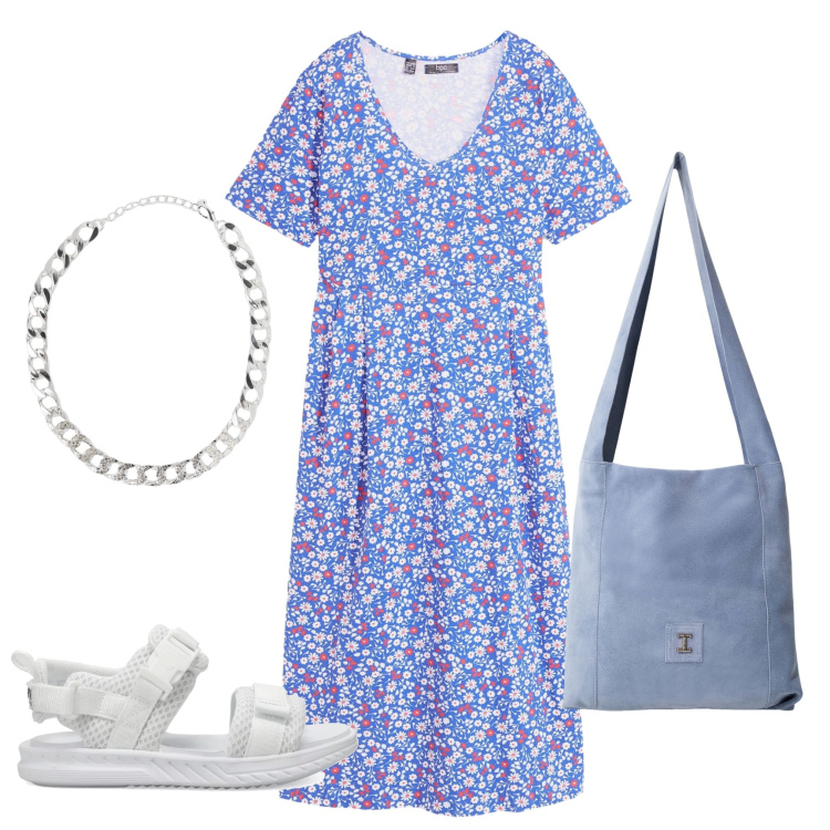 Outfit donna - L\'abito Bonprix. Stile Casual per Tutti i giorni. Abbinamento con vestiti midi/longuette, collane, sandali, borse a tracolla.
