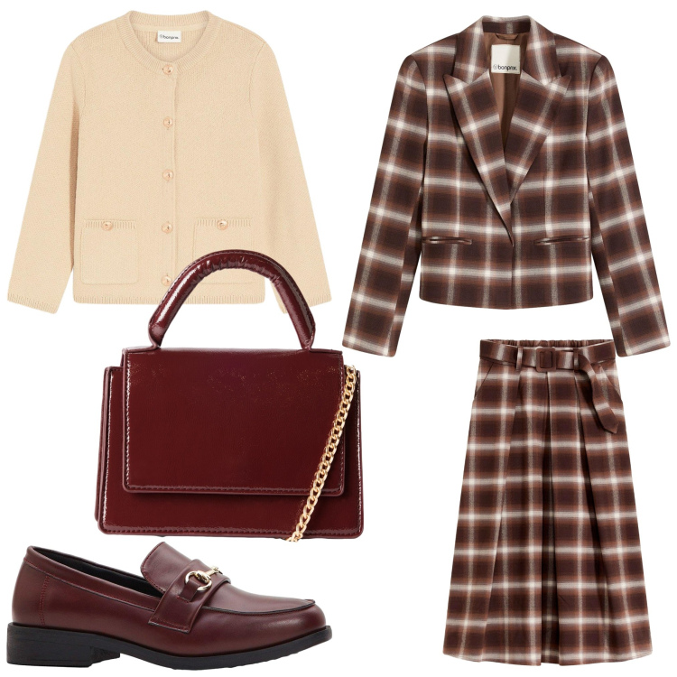 Outfit donna - A quadri. Stile Trendy per Tutti i giorni. Abbinamento con mocassini, cardigans, blazer, gonne, borse a tracolla.