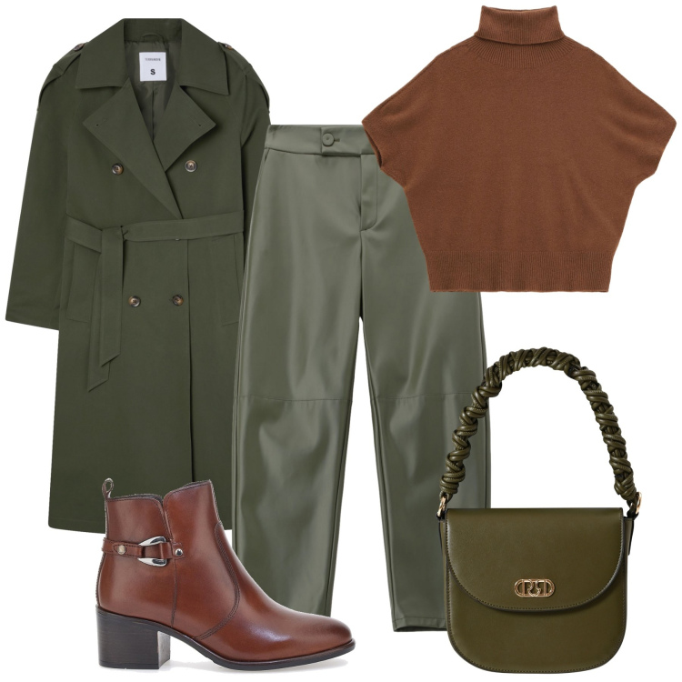 Outfit donna - Look autunno H24. Stile Trendy per Tutti i giorni. Abbinamento con trench, borse a mano, pantaloni, maglieria, stivaletti.