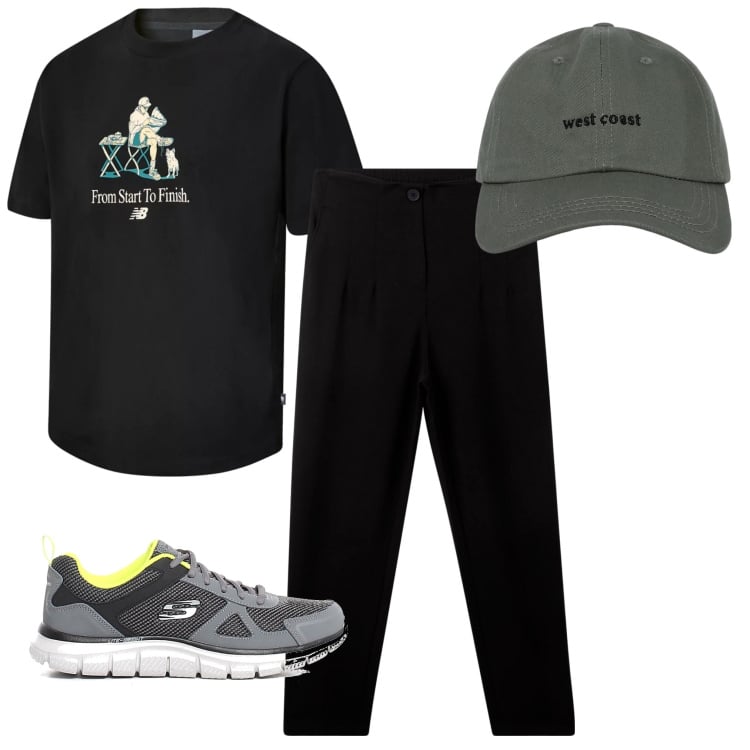 Outfit uomo - Giornata libera. Stile Casual per Tutti i giorni. Abbinamento con pantaloni chino, cappelli con visiera, t-shirt, sneakers.