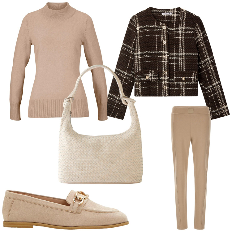 Outfit donna - Chiaro e scuro. Stile Casual chic per Ufficio. Abbinamento con maglieria, shopping bag, mocassini, blazer, pantaloni.