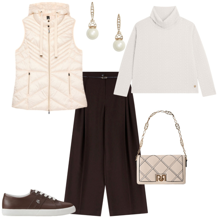 Outfit donna - Total look #2239837. Stile Minimal per Tutti i giorni. Abbinamento con borse a tracolla, pantaloni, maglieria, sneakers, orecchini, piumini.