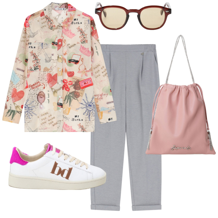 Outfit donna - La camicia fantasia. Stile Casual per Tutti i giorni. Abbinamento con camicie, borse a secchiello, occhiali da sole, sneakers, pantaloni.