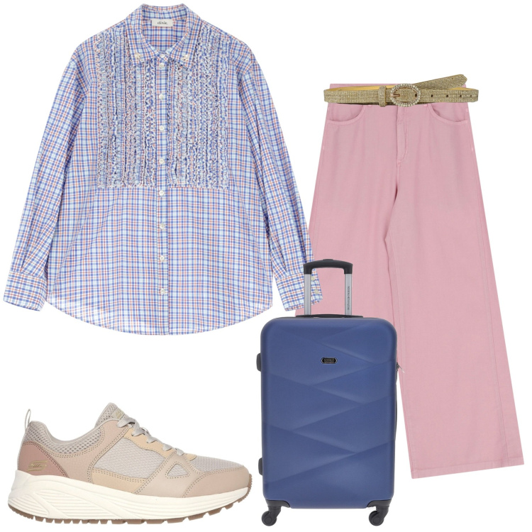 Outfit donna - In ferie a settembre. Stile Casual per Mare. Abbinamento con cinture, camicie, pantaloni, sneakers, valigie.