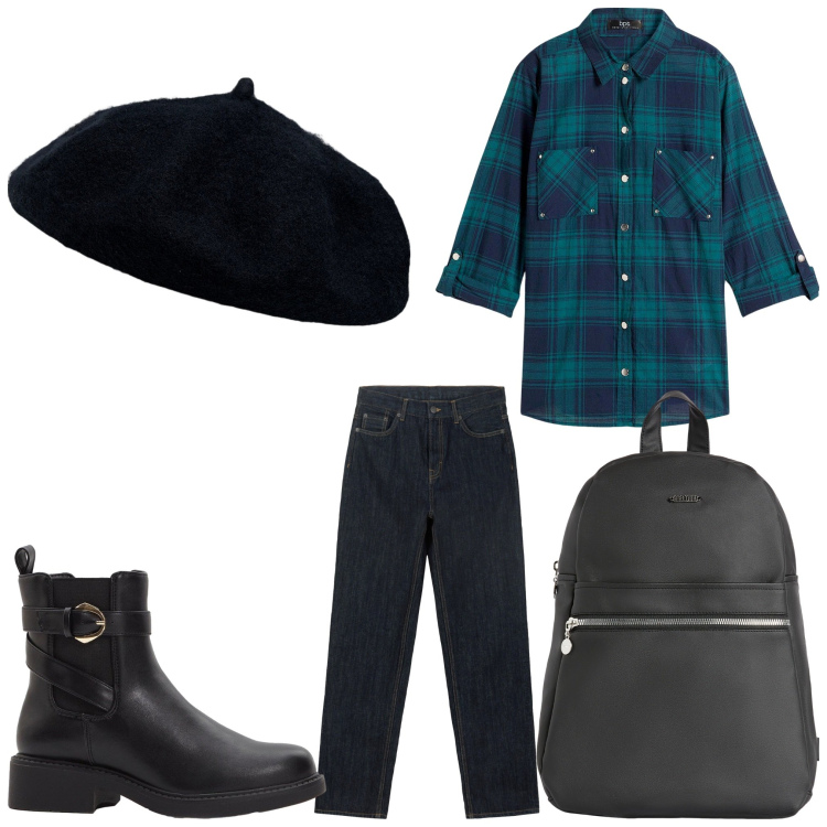 Outfit donna - Così. Stile Casual per Tutti i giorni. Abbinamento con stivaletti chelsea, camicie, zaini, jeans dritti, cappelli e berretti.