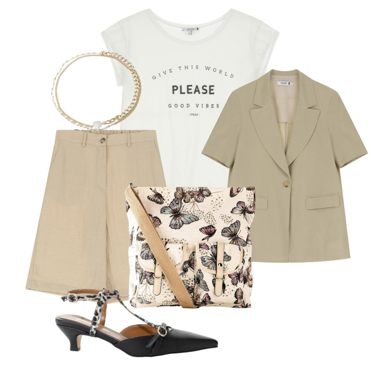 Outfit donna - Il tailleur corto inizio settembre. Stile Chic per Tutti i giorni. Abbinamento con borse a tracolla, t-shirt, blazer, décolleté, shorts, braccialetti.