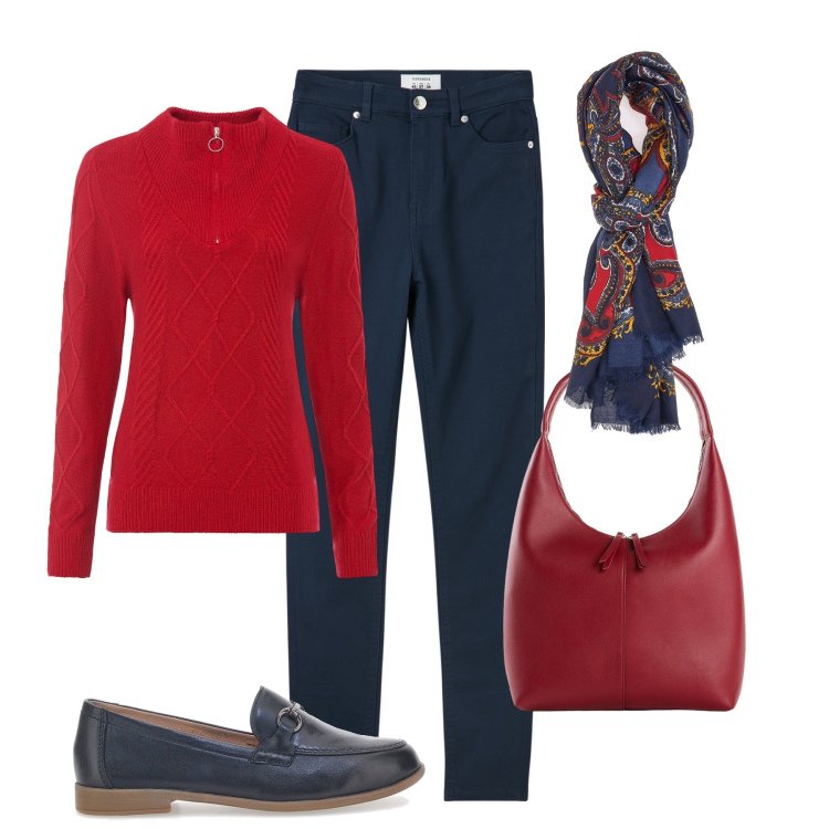 Outfit donna - Skinny come back. Stile Urban per Tutti i giorni. Abbinamento con maglieria, shopping bag, pantaloni skinny, mocassini, foulard.
