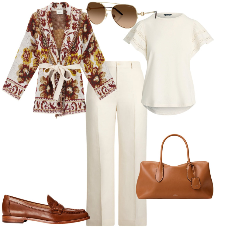 Outfit donna - Total look #2239848. Stile Chic per Tutti i giorni. Abbinamento con cardigans, mocassini, occhiali da sole, borse a mano, t-shirt, pantaloni.