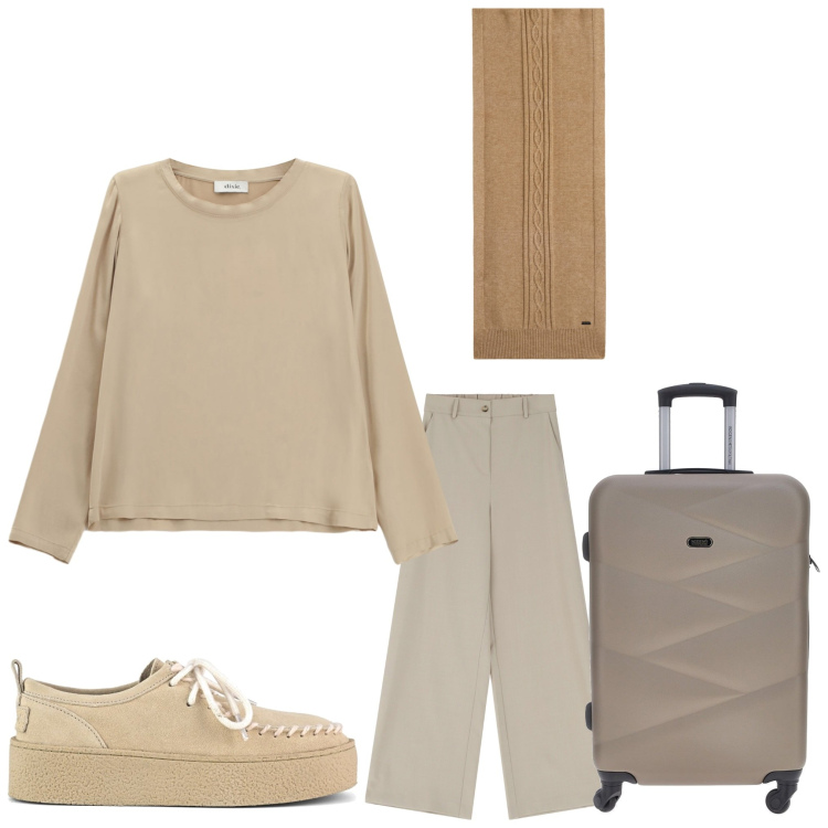 Outfit donna - Saluti e baci. Stile Casual per Tutti i giorni. Abbinamento con top, pantaloni a palazzo, sciarpe, mocassini, valigie.