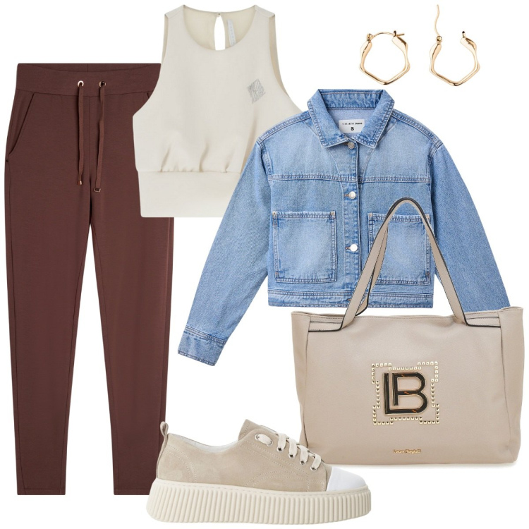 Outfit donna - Giubbino in denim. Stile Sporty chic per Tutti i giorni. Abbinamento con orecchini, cappotti, top, sneakers, pantaloni, borse a spalla.