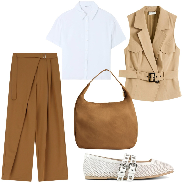 Outfit donna - Total look #2239852. Stile Minimal per Ufficio. Abbinamento con gilet, camicie a manica corta, borse a mano, pantaloni a palazzo, ballerine.