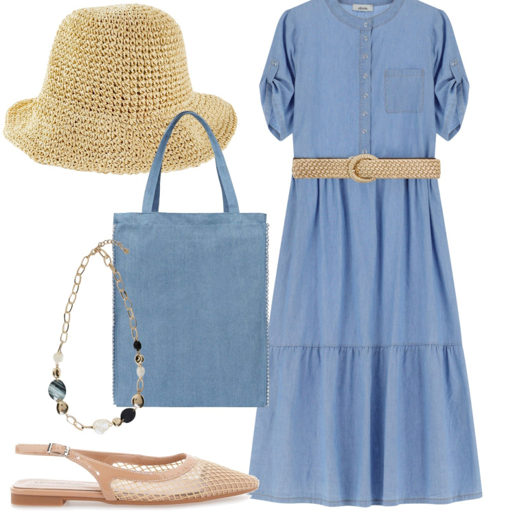 Outfit donna - Al mare a settembre. Stile Casual chic per Mare. Abbinamento con cappelli, cinture, borse tote, vestiti, collane, ballerine.