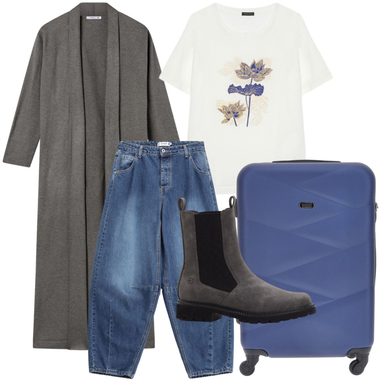 Outfit donna - Vacanza therapy. Stile Casual per Tutti i giorni. Abbinamento con stivaletti chelsea, cardigans, jeans, valigie, t-shirt.