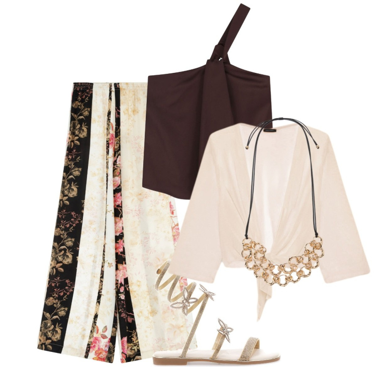 Outfit donna - Giornate fresche, fiabesche. Stile Romantica per Tutti i giorni. Abbinamento con pantaloni a palazzo, top, collane, sandali, blazer.