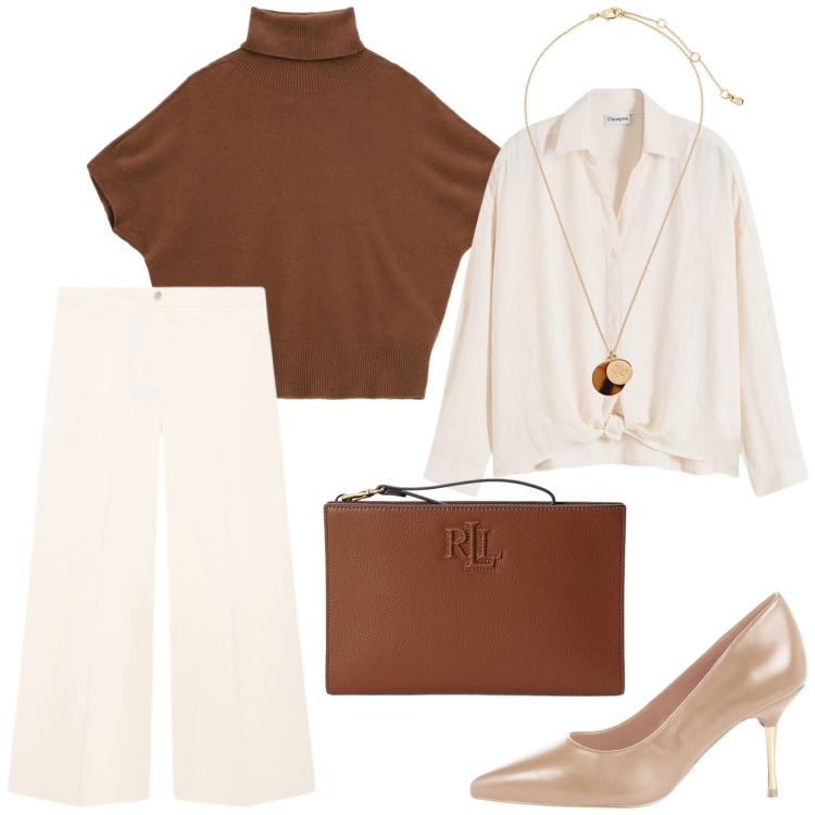 Outfit donna - Total look #2239871. Stile Minimal per Ufficio. Abbinamento con bluse, décolleté, maglieria, collane, pochette, pantaloni a palazzo.