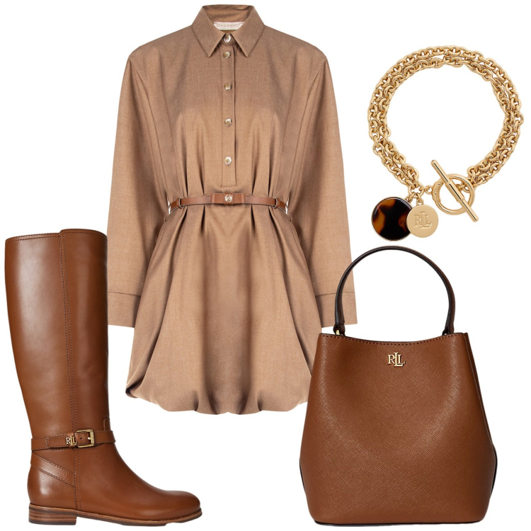 Outfit donna - Must have autunnali. Stile Minimal per Tutti i giorni. Abbinamento con vestiti chemisier, borse a secchiello, braccialetti con ciondoli, stivali.