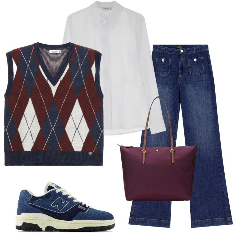 Outfit donna - Ritorno del tartan. Stile Casual per Scuola/Università. Abbinamento con sneakers, gilet, jeans a zampa, camicie, borse tote.