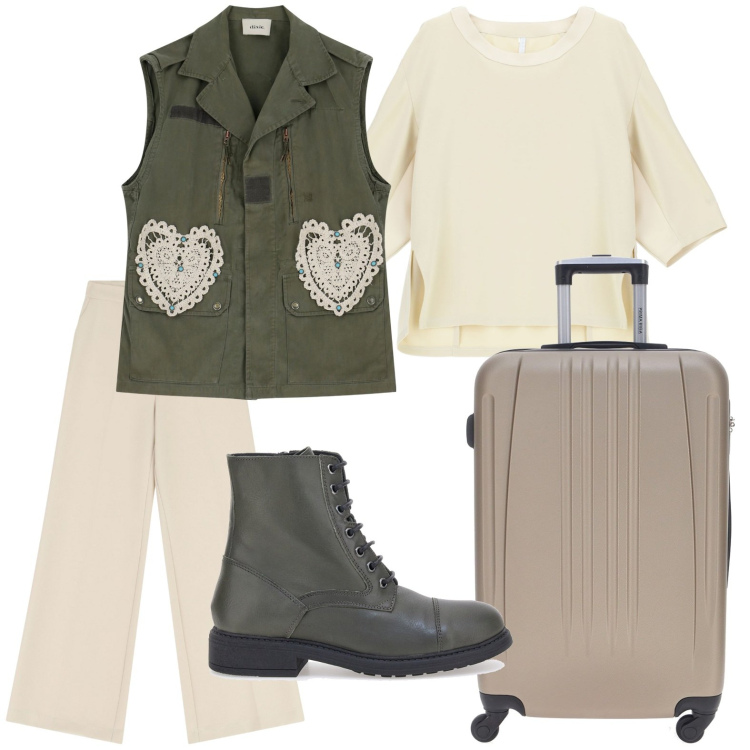 Outfit donna - Viaggio mediterraneo. Stile Military per Tutti i giorni. Abbinamento con felpe, pantaloni, gilet, stivaletti, valigie.