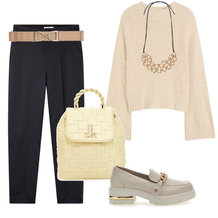 Outfit donna - Total look #2239883. Stile Casual per Ufficio. Abbinamento con maglieria, pantaloni chino, cinture, mocassini, zaini, collane.