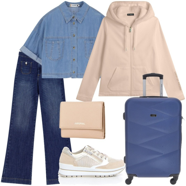 Outfit donna - Fuori per un weekend. Stile Casual per Tutti i giorni. Abbinamento con camicie a manica corta, portafogli, jeans a zampa, felpe con cappuccio, sneakers, valigie.