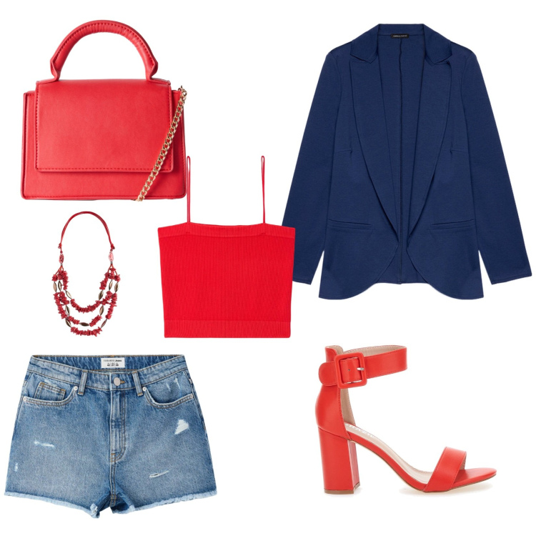 Outfit donna - L\'estate sta finendo. Stile Casual chic per Tutti i giorni. Abbinamento con top, shorts, borse a tracolla, sandali col tacco, blazer, collane.