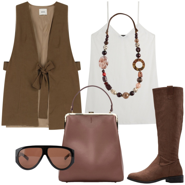 Outfit donna - Etnico chic. Stile Minimal per Tutti i giorni. Abbinamento con stivali, occhiali da sole, vestiti corti, gilet, borse a spalla, collane.